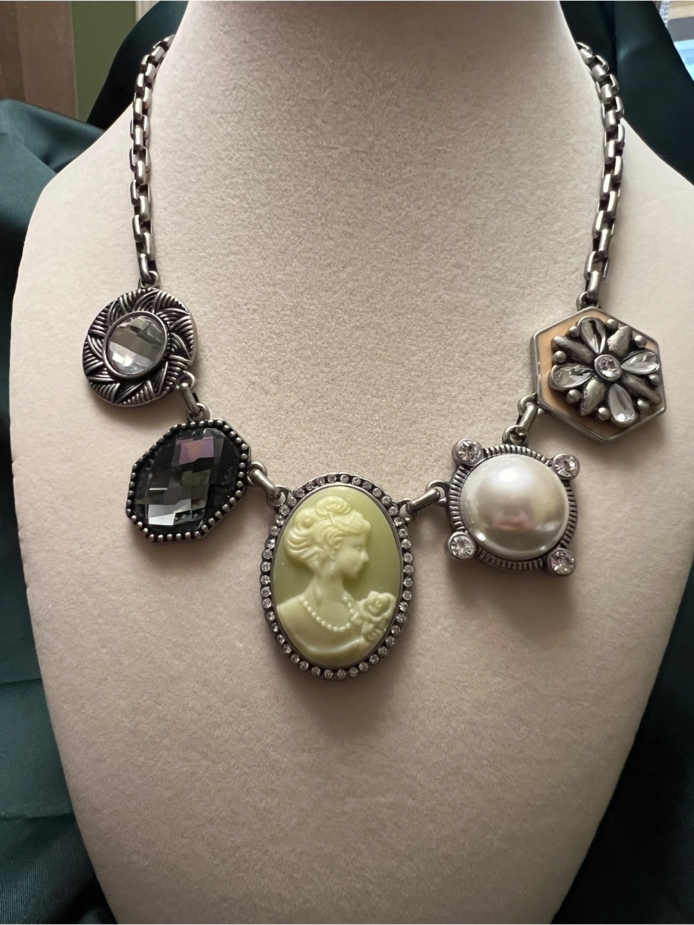Vintage Lia Sophia Cameo Silver Tone Statement Necklace